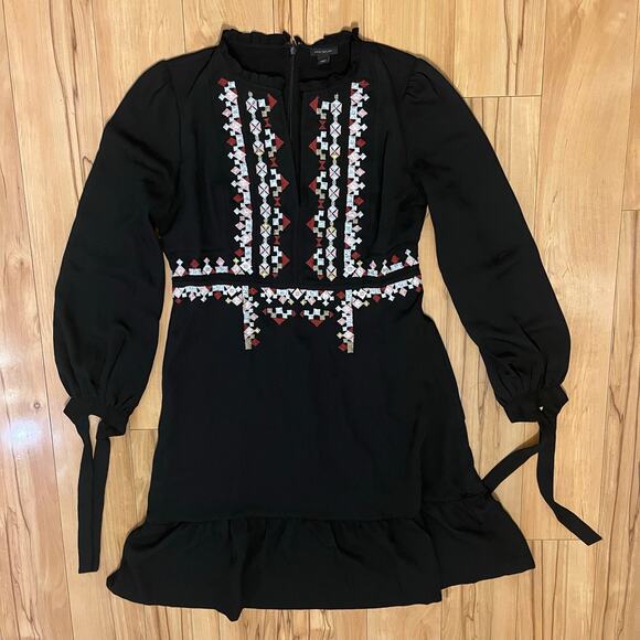 Ann Taylor Embroidered Black Boho Peasant Dress Balloon Sleeves Size 4 - Picture 3 of 7